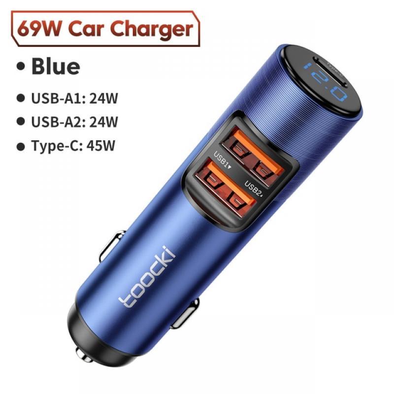 Toocki 69W Car Charger Fast Charging QC PD 3.0 USB C Type C Phone Charger For iphone Android Digital Display Car USB Charger