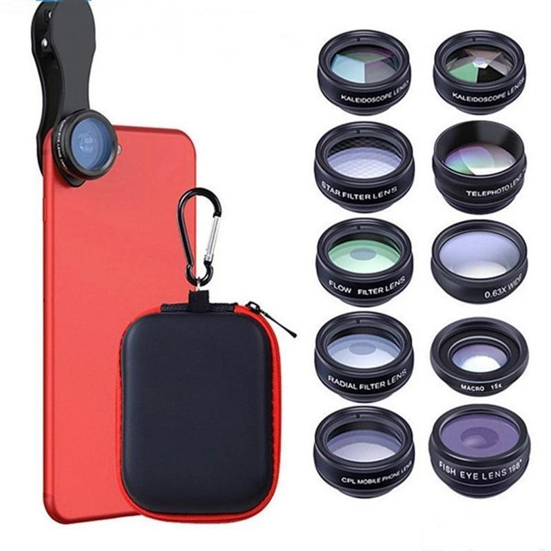 10in1 Phone Fish Eye Lenses Camera Kit Fisheye 0.36x Wide Angle Macro Lens Zoom with Clip Lens for XS MAX Android IOS Smartphone