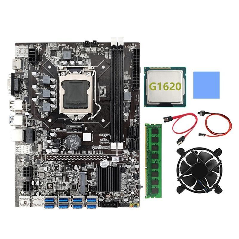 B75 BTC Mining Motherboard LGA1155 8XPCIE USB3.0 G1620 CPU+SATA Cable+Thermal Pad+Cooling Fan+DDR3 4GB 1333Mhz RAM Miner