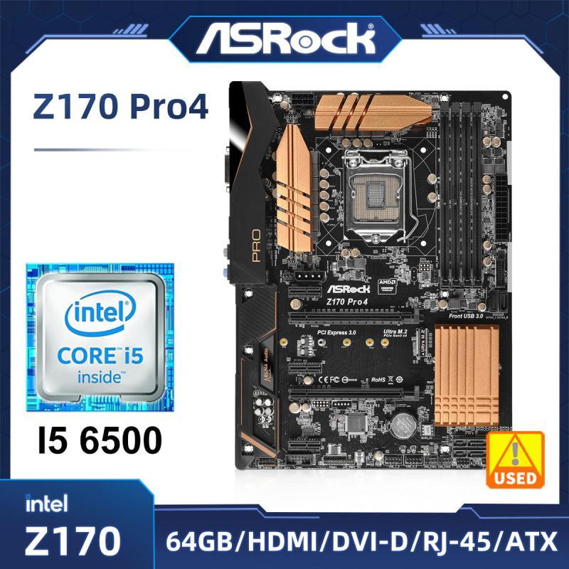 1151 Motherboard ASRock Z170 Pro4 set with intel Core I5 6500 cpu Z170 Motherboard 4×DDR4 64GB PCI-E 3.0 M.2 6×SATA III USB3.0